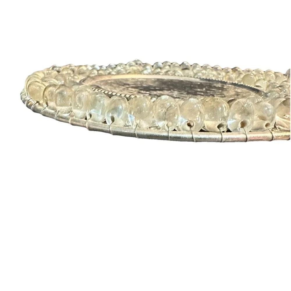 Round Clear Beaded Silver Hammered Plate for Pillar Candle Holder India 5.5
